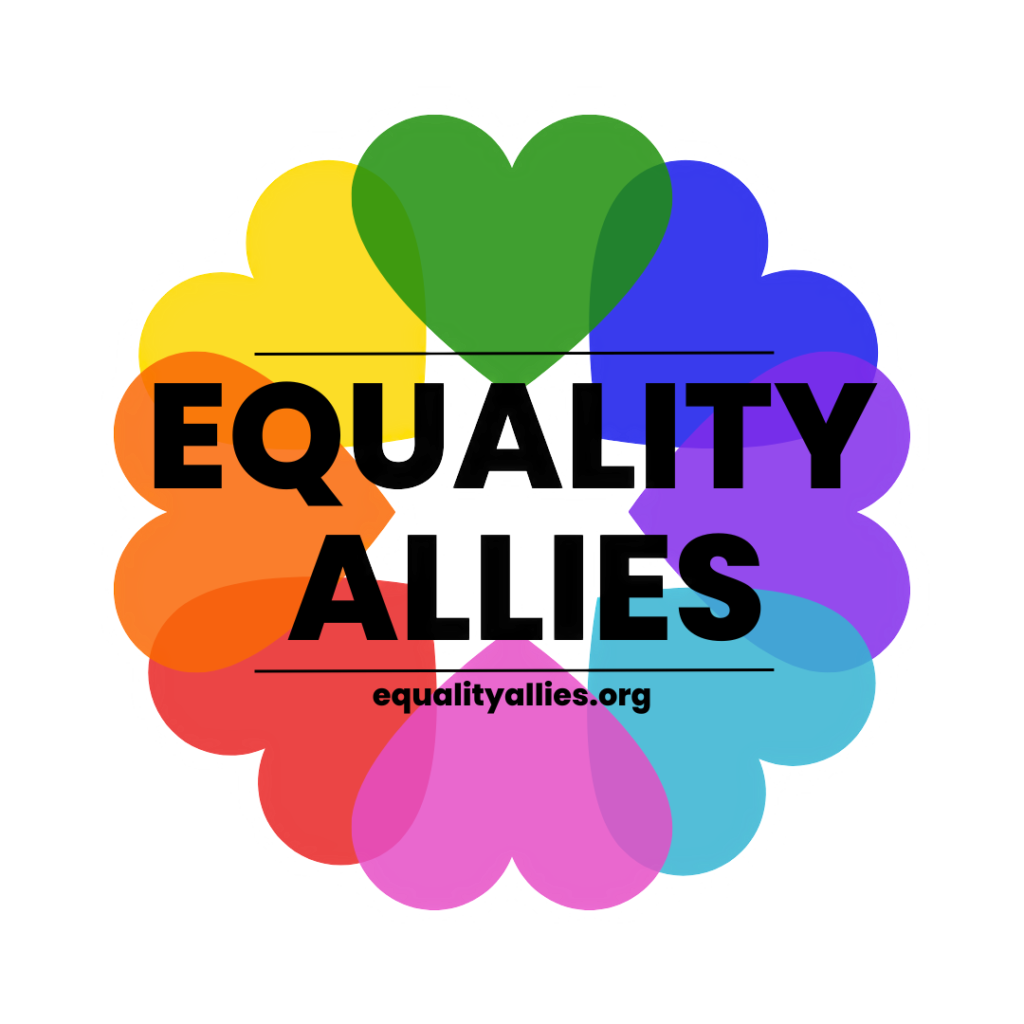 Equality Allies badge with a circle of hearts in a rainbow pattern